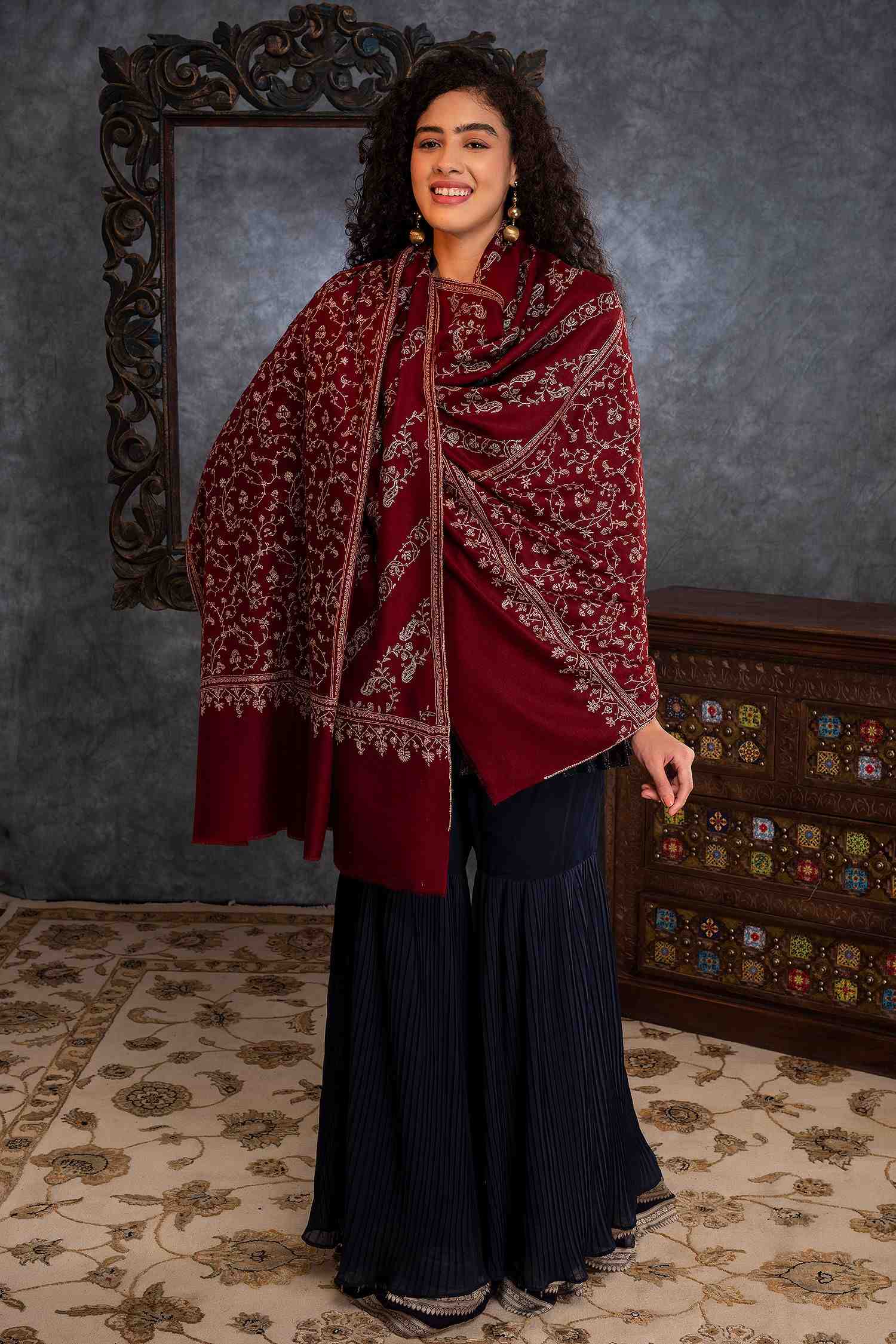 Maroon Elegant Pashmina Shawl,Hand Embroidered Scarf, Needle Embroidery, selling Women Scarves, Cashmere, Kashmir Scarf