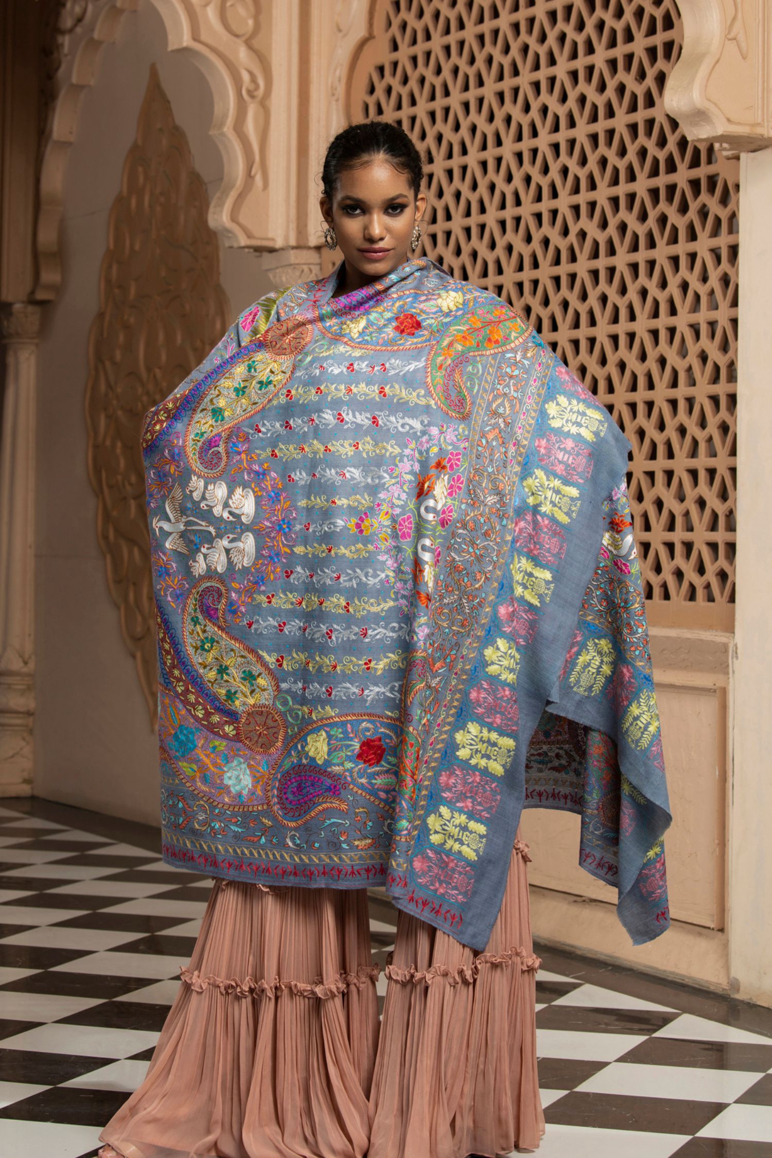 Hermosa Grey Kalamkari Pashmina Shawl