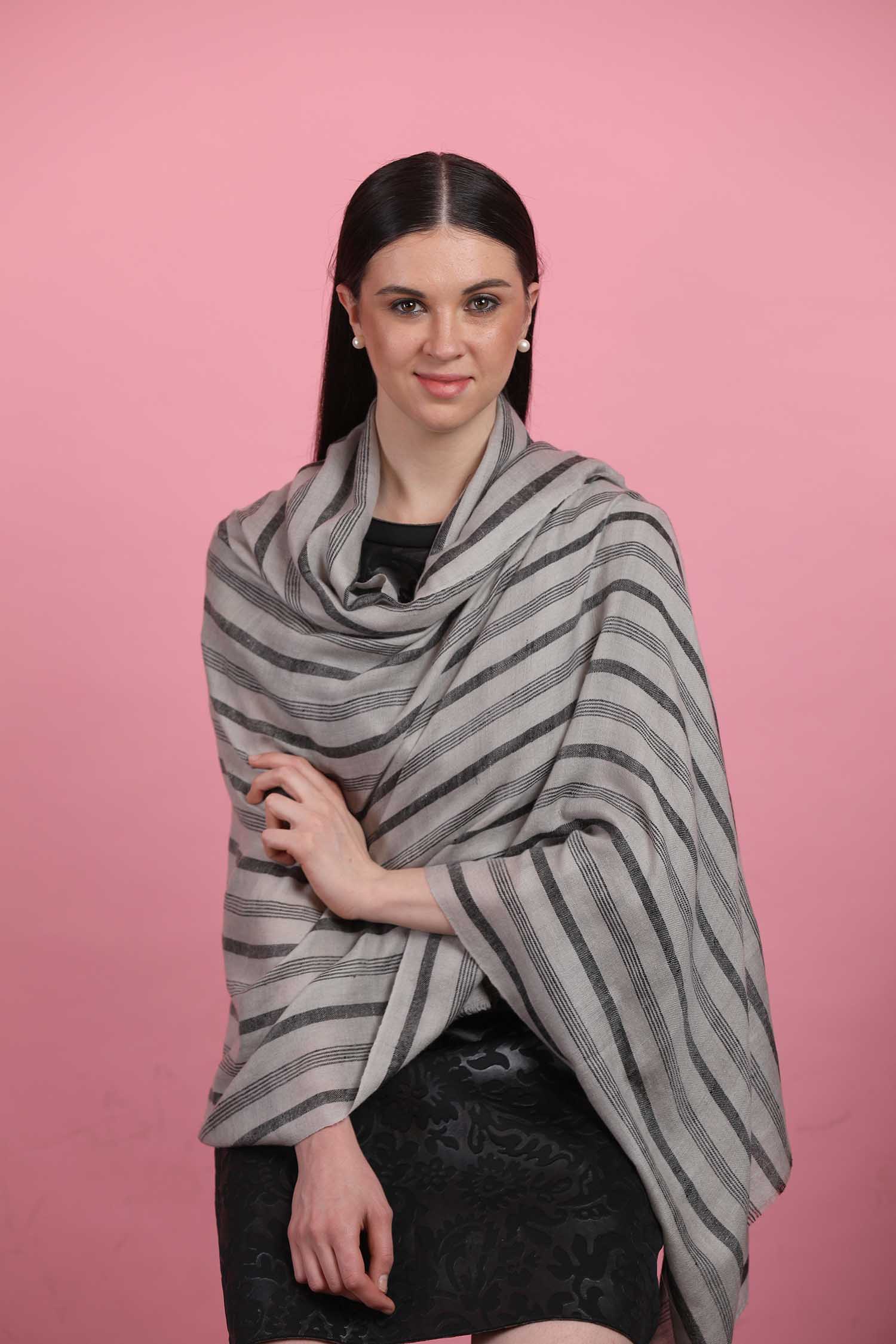 Pencil Stripes Patterned Pashmina Shawl | Patterned Kashmiri Shawls