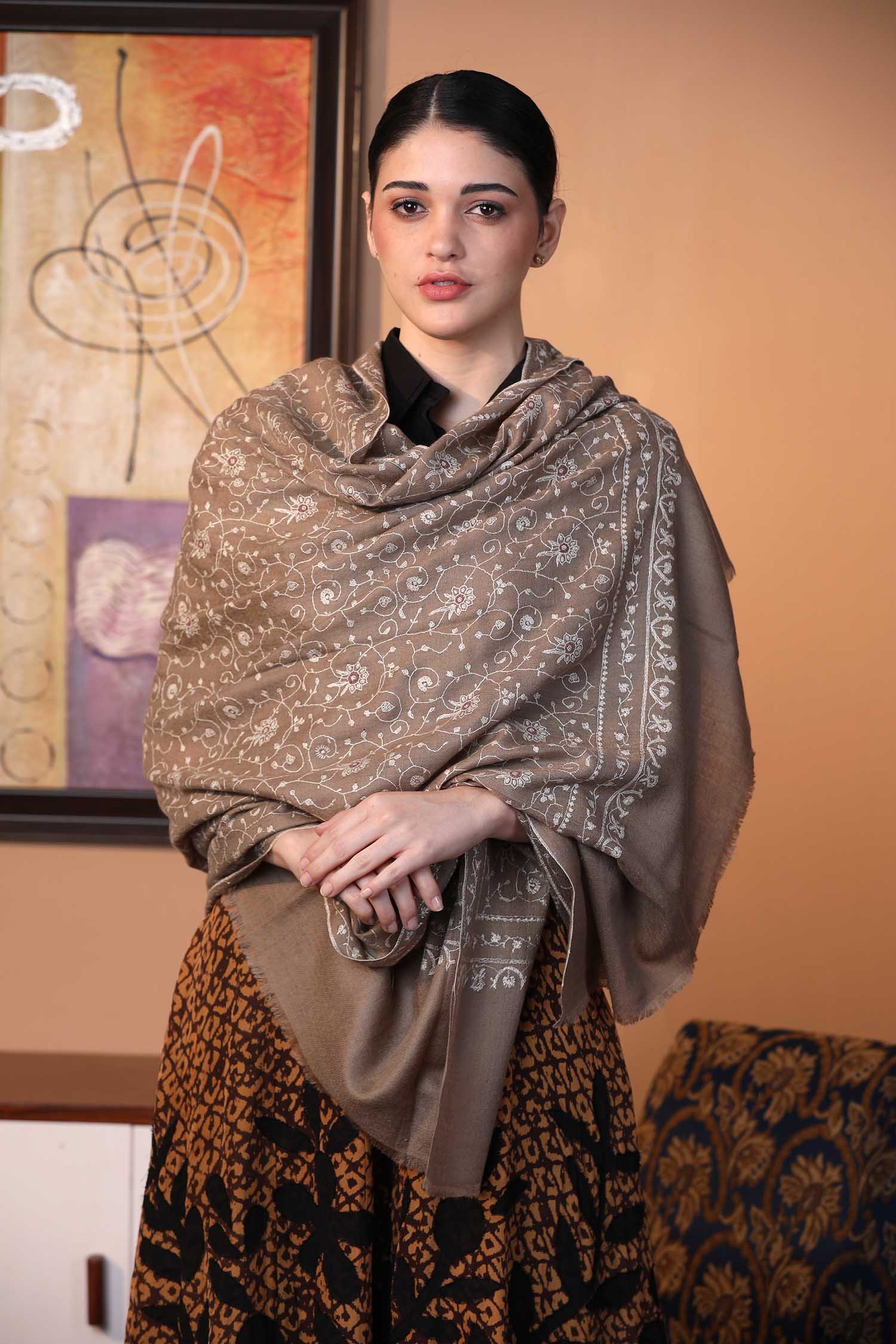 Mist Jaal Embroidered Pashmina Shawl | Jaali Embroidery