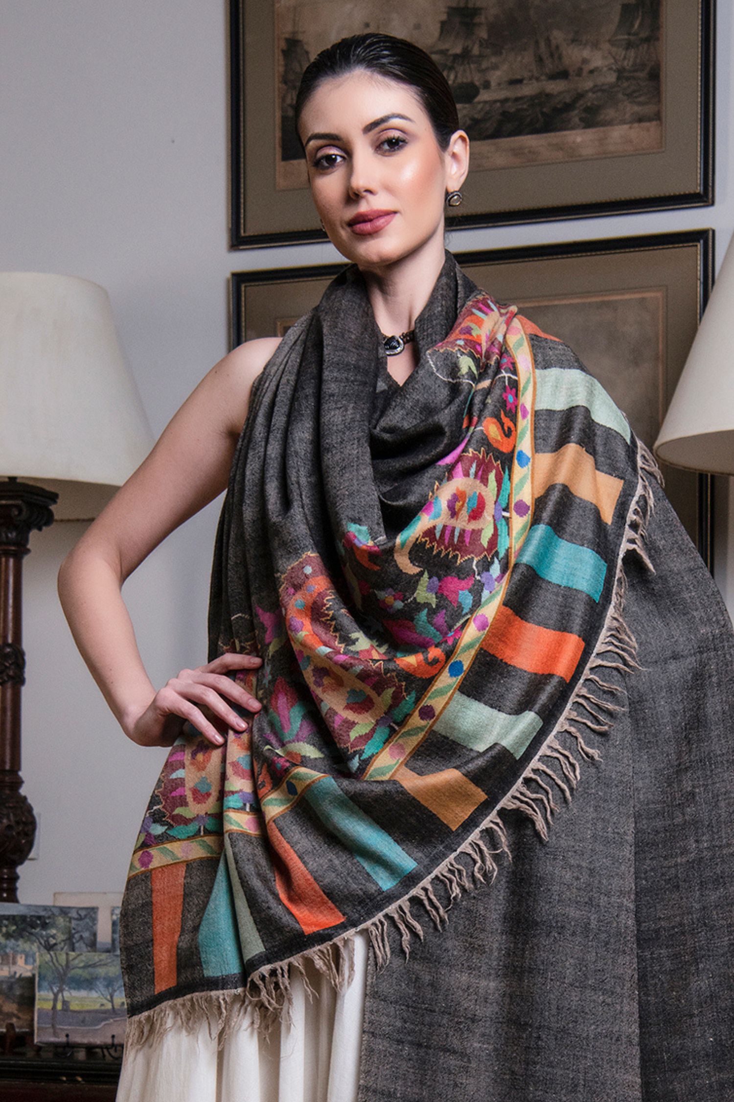 Black Multicoloured Cashmere Pashmina Kani Embroidered popular Stole, Wrap