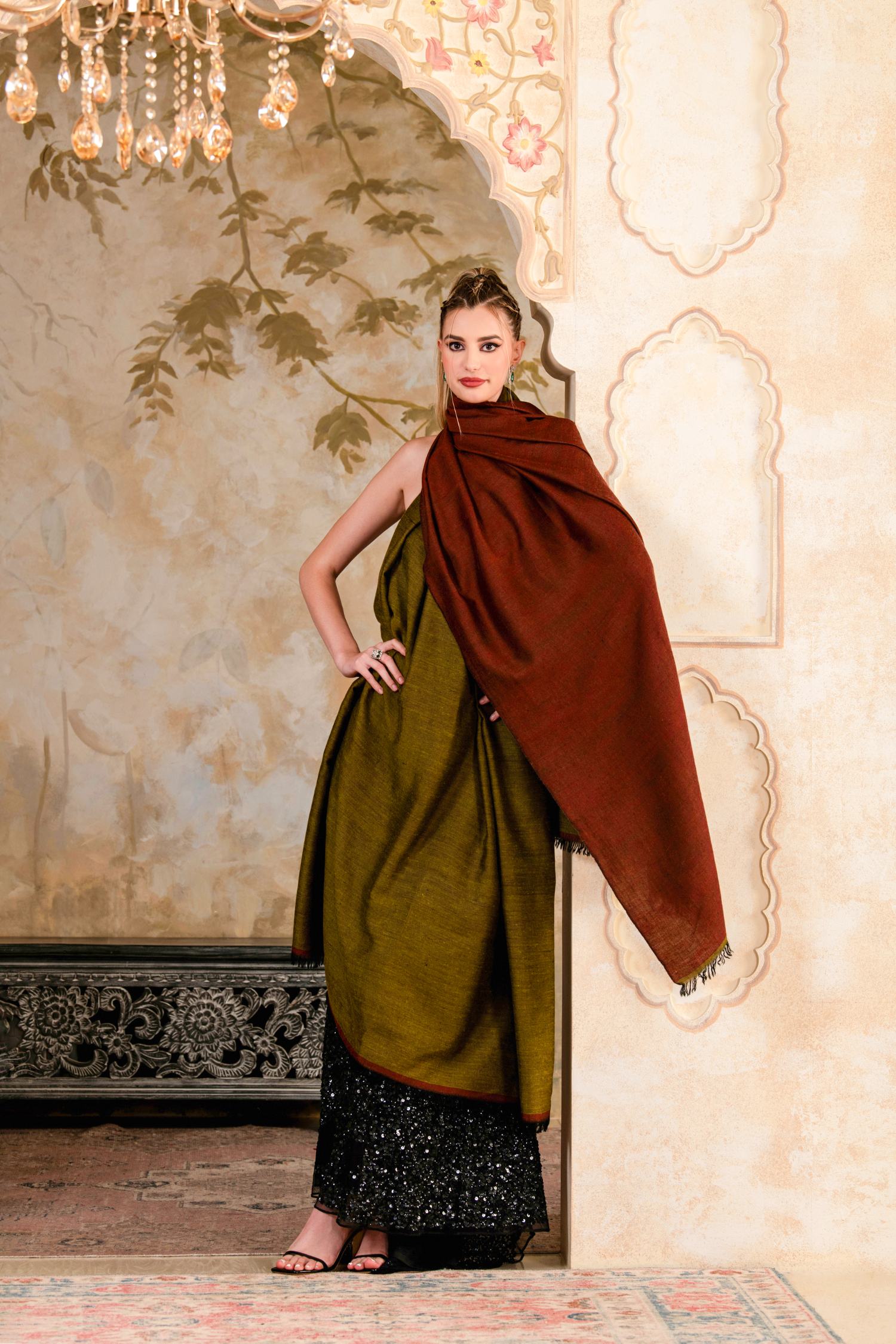 Rust & Green Pashmina | Traditional Reversible Pashmina