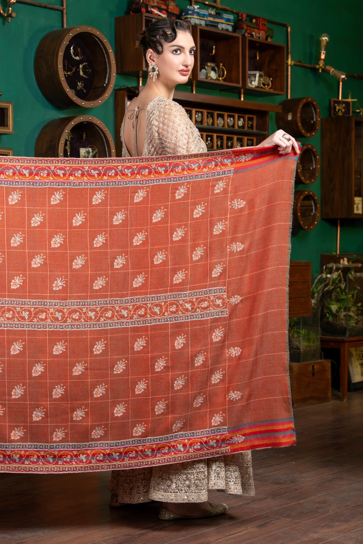 Rust Pashmina Shawl | Pure Jaali Pashmina