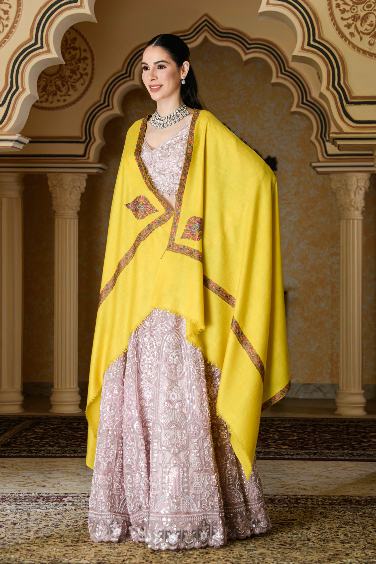 Yellow Cashmere Shawl | Border Pashmina Shawl
