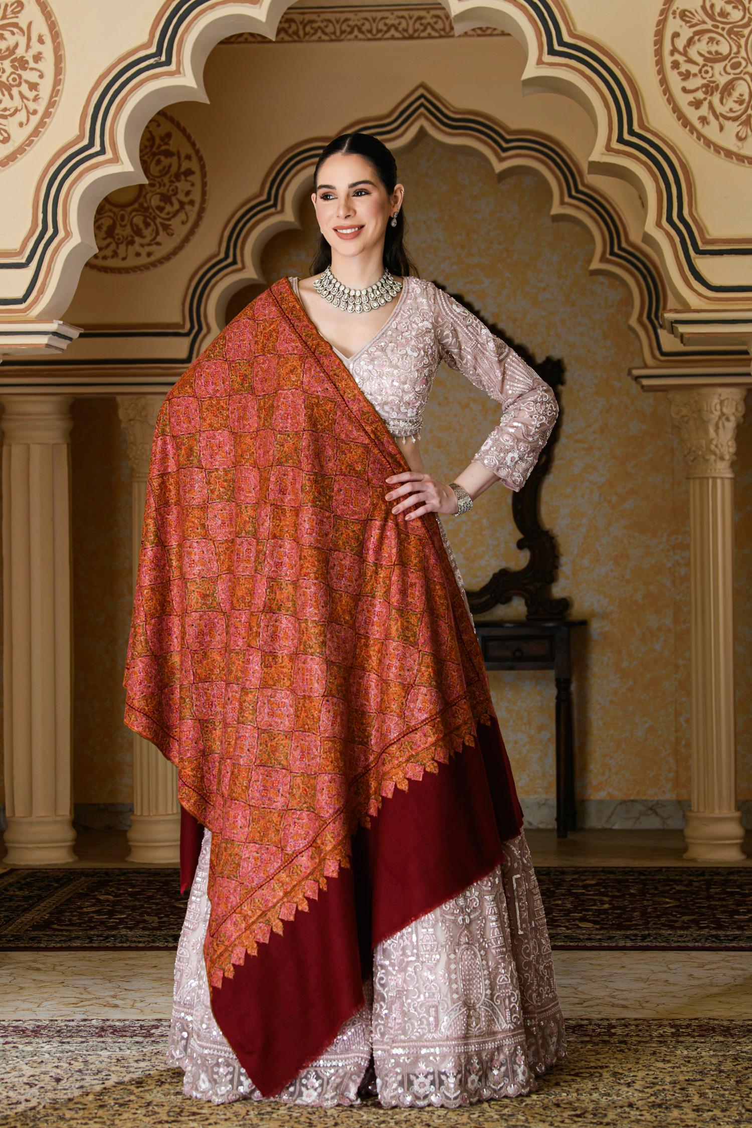 100% Authentic Pashmina Shawl | Red Cashmere Base