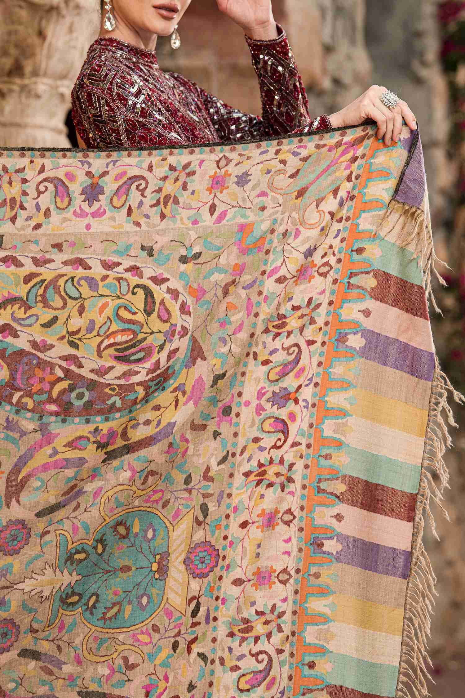 The Caspian Beige Kani Pashmina Shawl