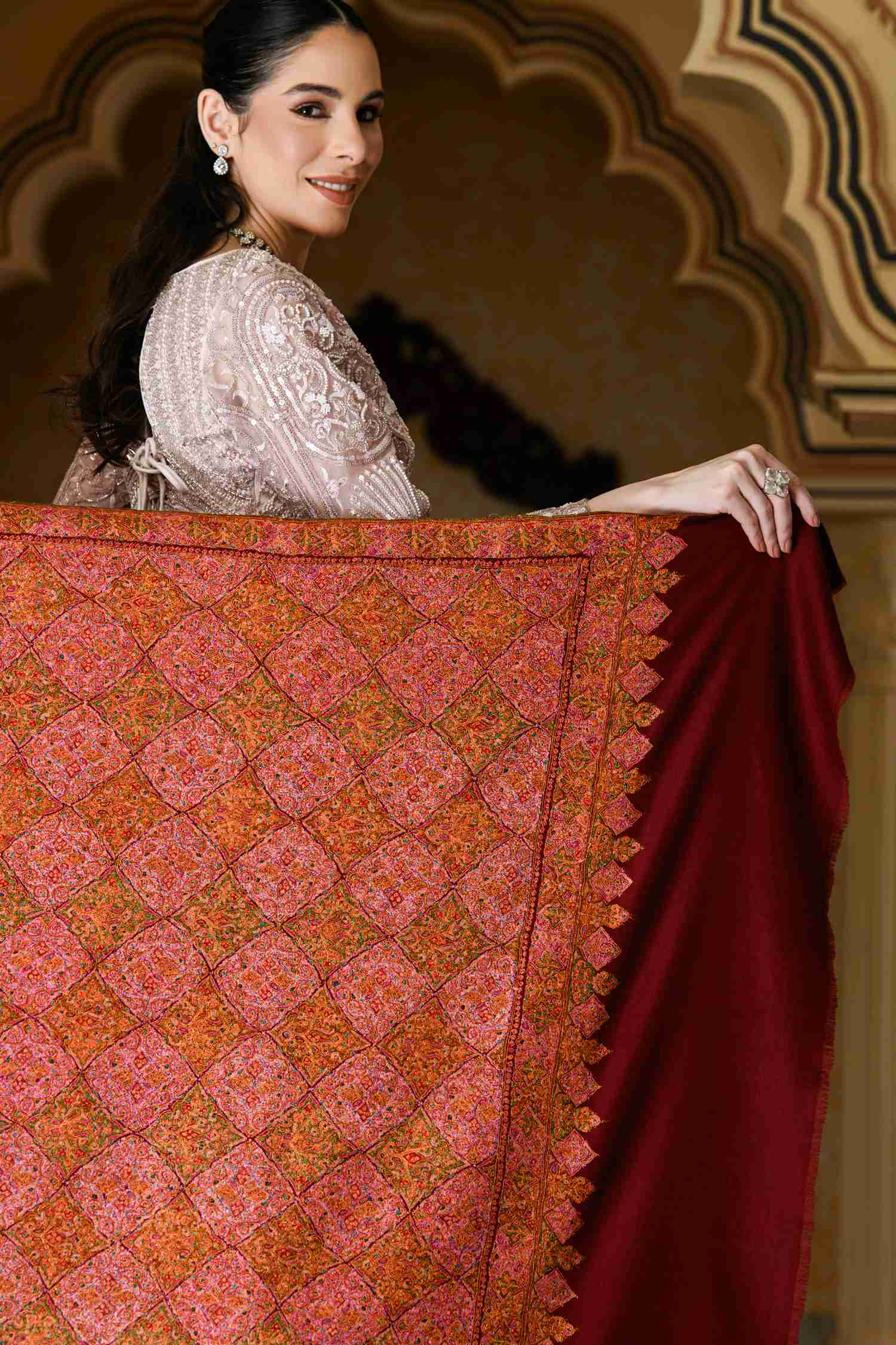 100% Authentic Pashmina Shawl | Red Cashmere Base